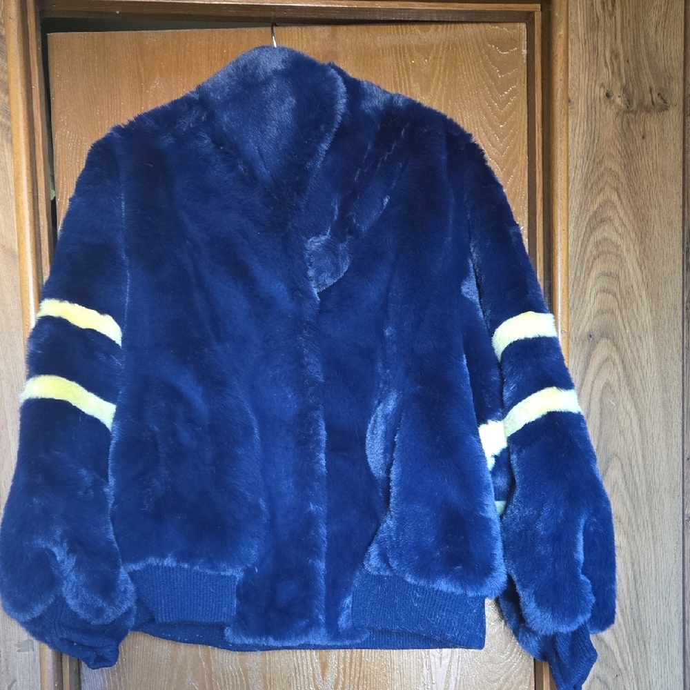 Navy Blue Faux Fur Jacket with Yellow Stripes